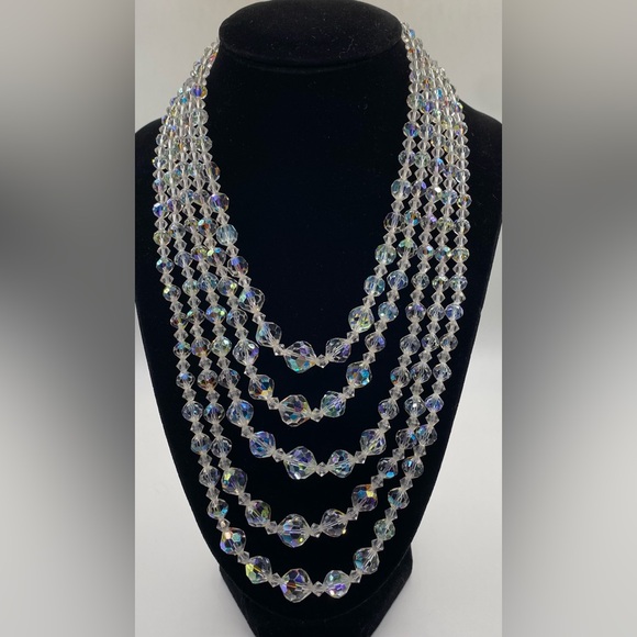 Aurora Borealis AB Five Strand Faceted Crystal Glass Choker Necklace Vintage - Picture 8 of 12